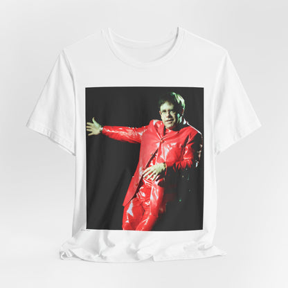 A black graphic t-shirt featuring a vintage photo portrait of Elton John as a music legend.