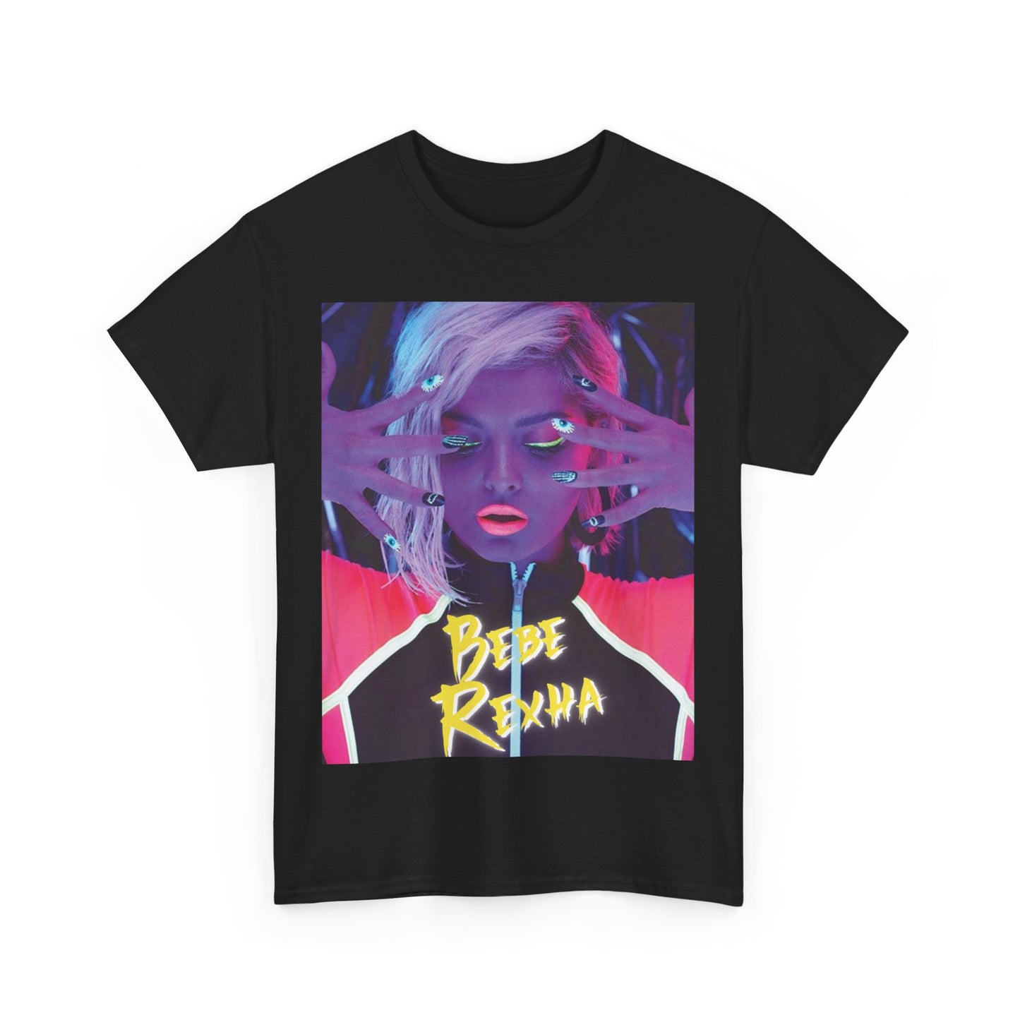 A black graphic t-shirt featuring a stylized graphic of Bebe Rexha, designed with a modern pop aesthetic.