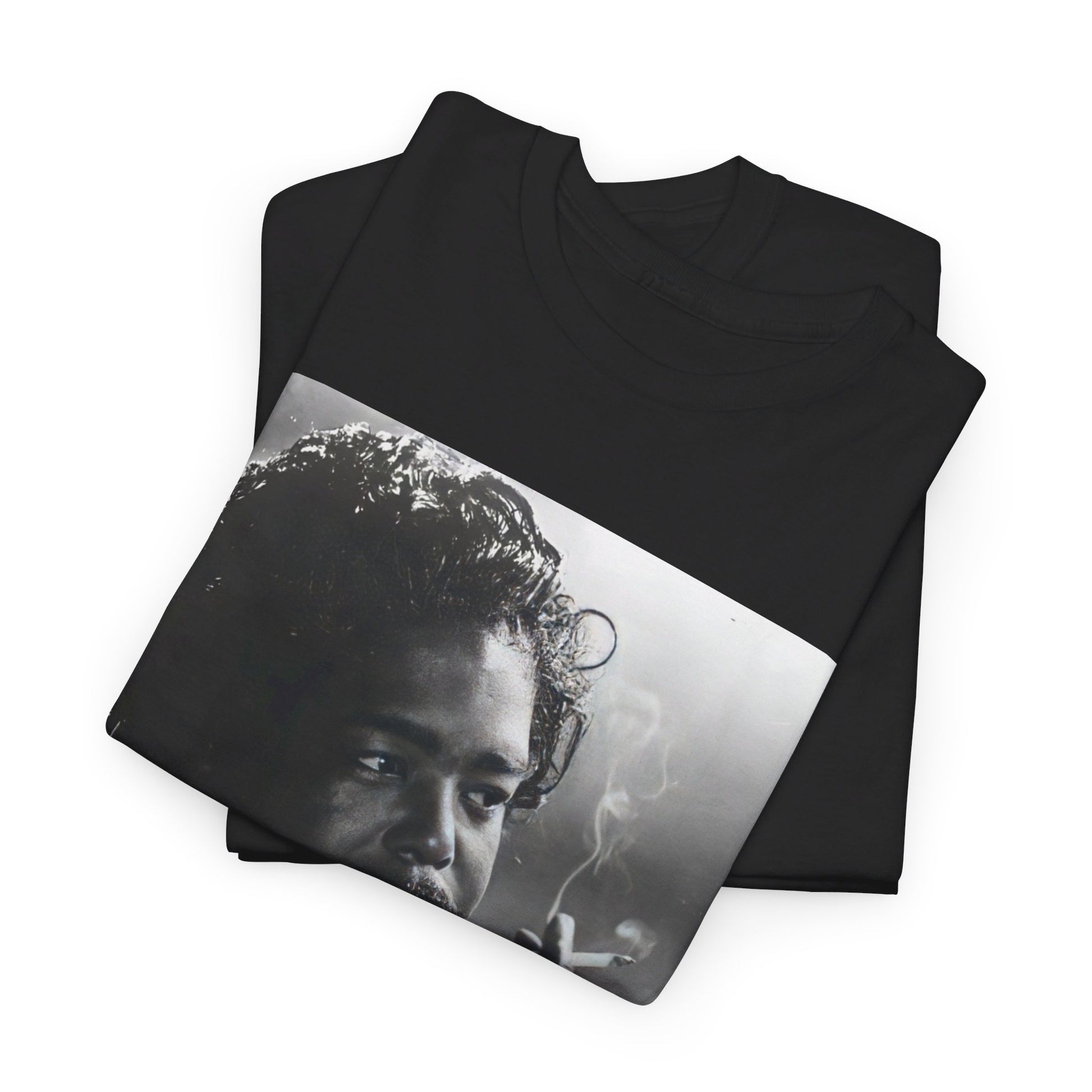 A black graphic t-shirt featuring a black and white graphic or portrait of Barry White from the 1970s.