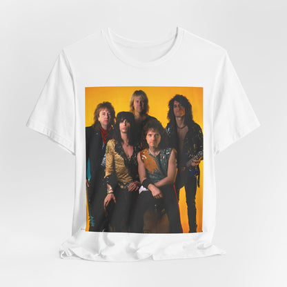 A black graphic t-shirt featuring a band photo of Aerosmith from the 1980s, showing the members in their iconic styles from that decade.