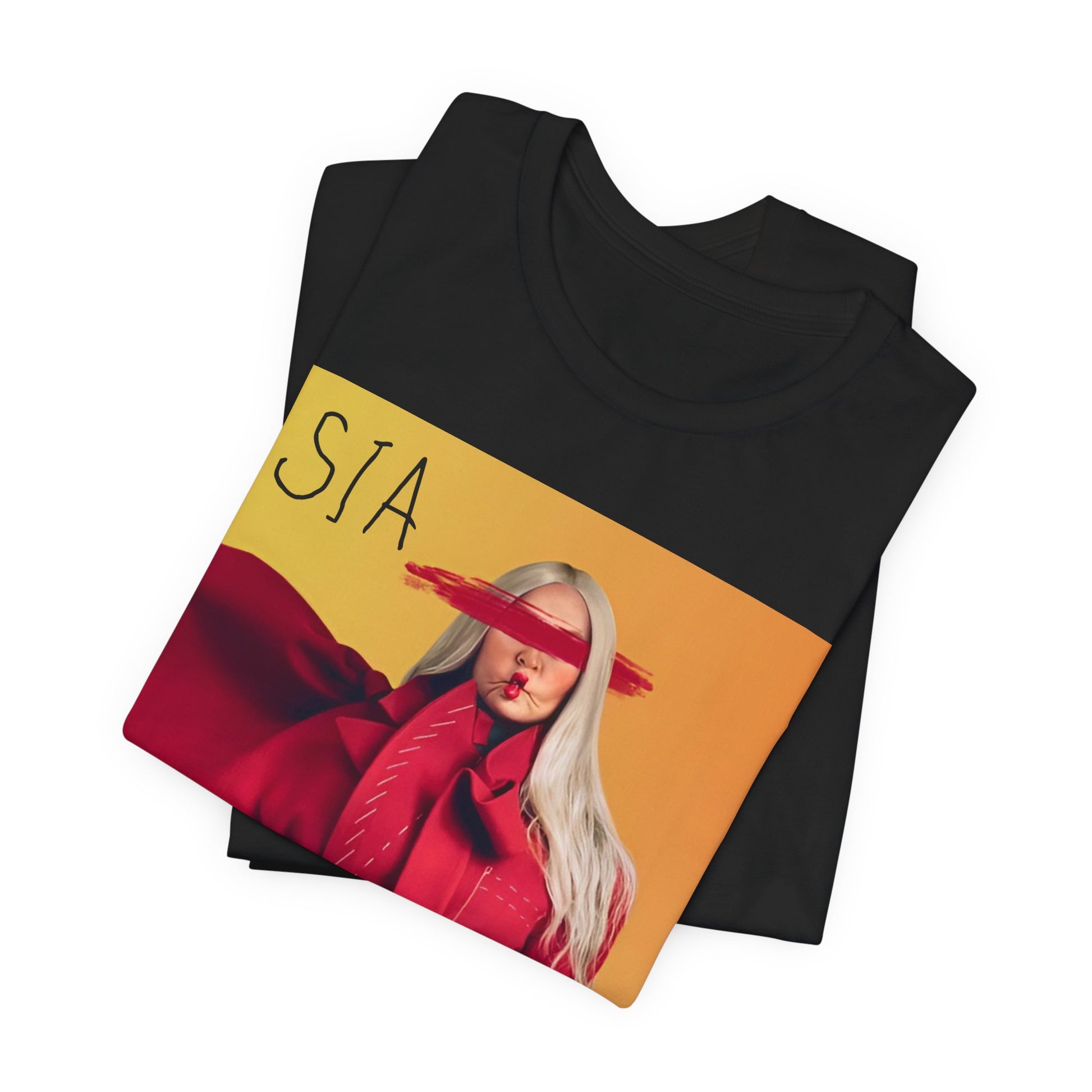 A black graphic t-shirt featuring a retro graphic related to Sia's '1000 Forms of Fear' album era.