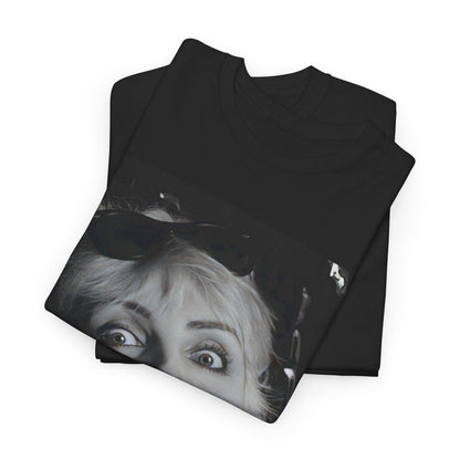 A black graphic t-shirt featuring a retro pop-style graphic of Debbie Harry from Blondie.