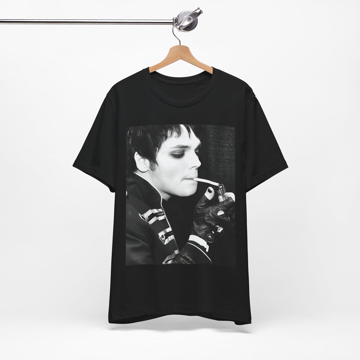 A black graphic t-shirt featuring a black and white graphic or photo of My Chemical Romance in a backstage setting.