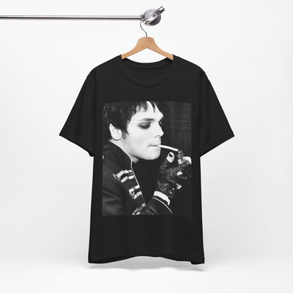 A black graphic t-shirt featuring a black and white graphic or photo of My Chemical Romance in a backstage setting.