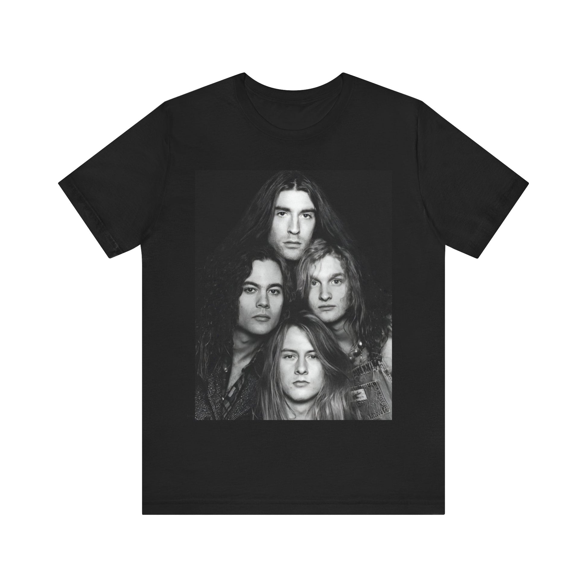 A black graphic t-shirt featuring a black and white graphic related to Alice In Chains' 90s 'Facelift' album era, possibly with band members in a stylized design.