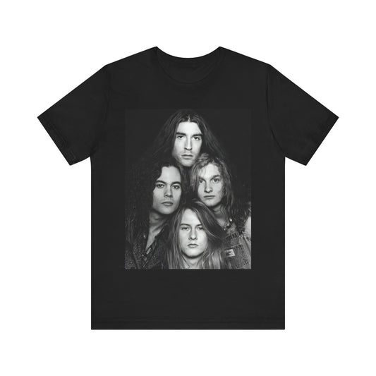 A black graphic t-shirt featuring a black and white graphic related to Alice In Chains' 90s 'Facelift' album era, possibly with band members in a stylized design.