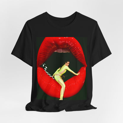A black graphic t-shirt featuring a graphic of Camila Cabello with a 'rebel heart' or edgy pop star aesthetic.