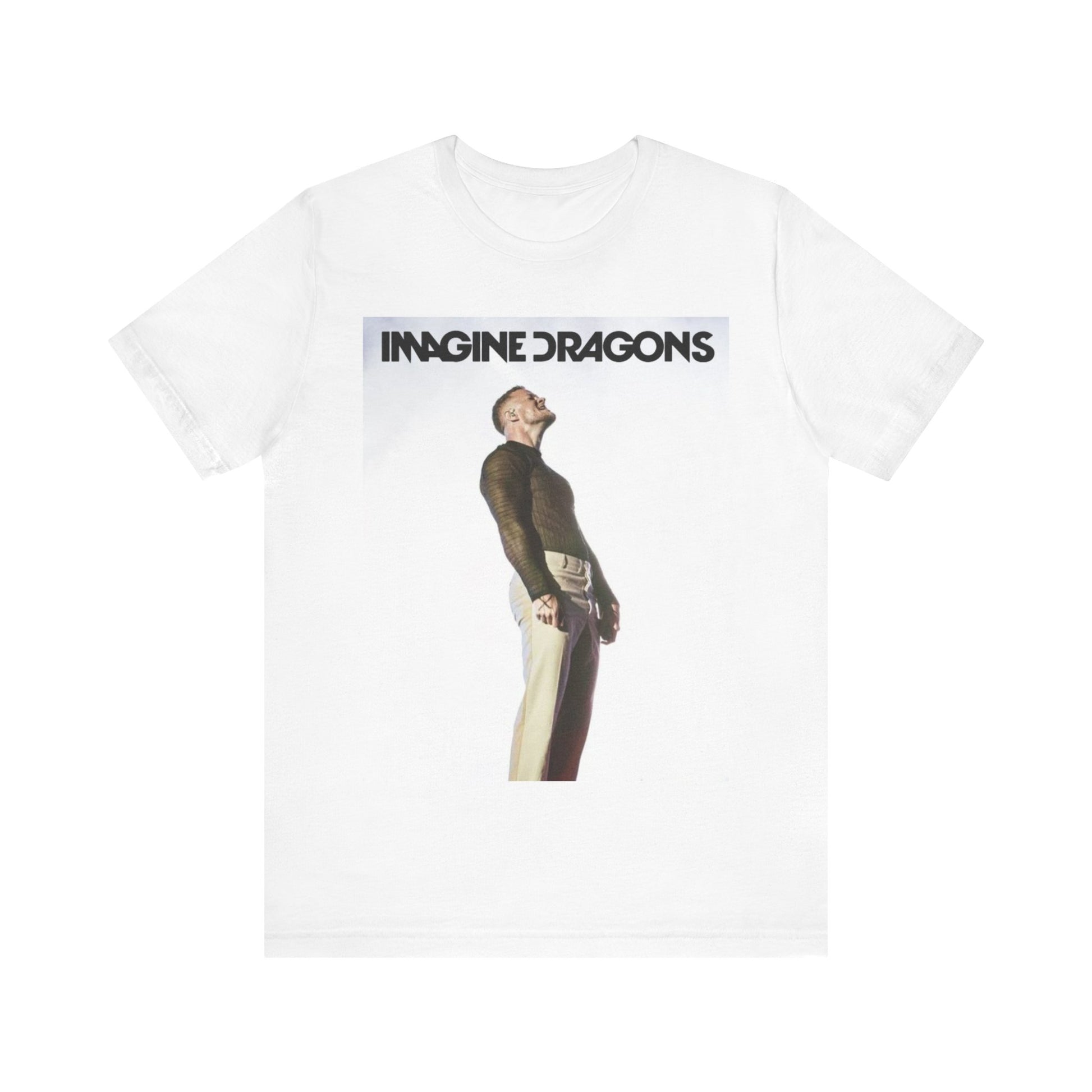 A black graphic t-shirt featuring a graphic related to Imagine Dragons' 'Believer' song or era.