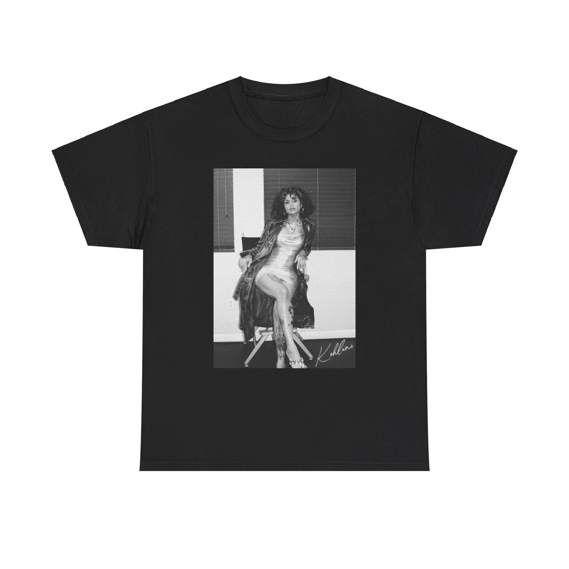 A black graphic t-shirt featuring a vintage black and white graphic or photo of Kehlani.