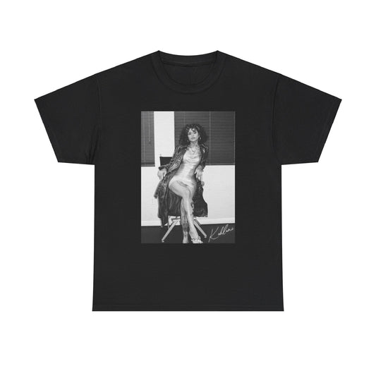 A black graphic t-shirt featuring a vintage black and white graphic or photo of Kehlani.