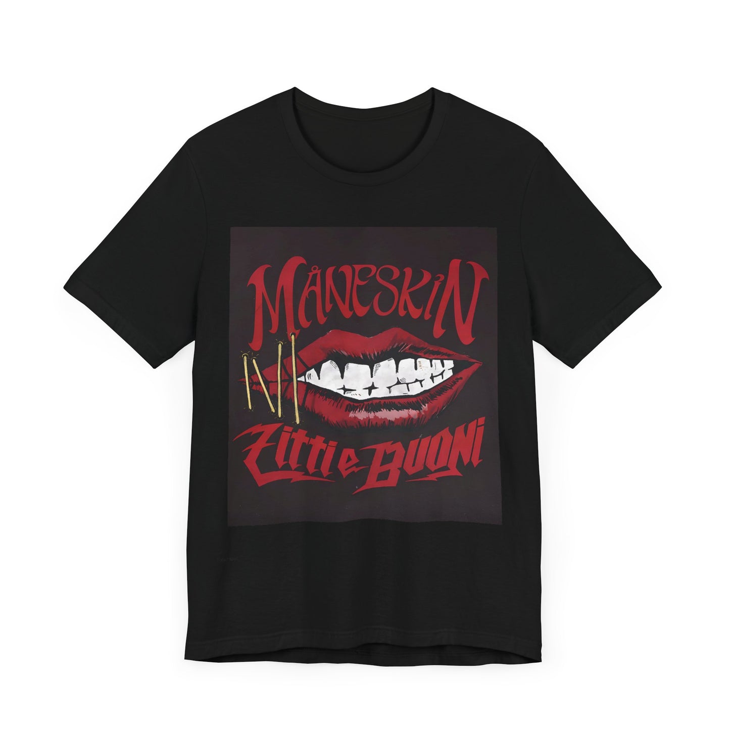 A black graphic t-shirt featuring a graphic related to Maneskin's song "Zitti E Buoni."