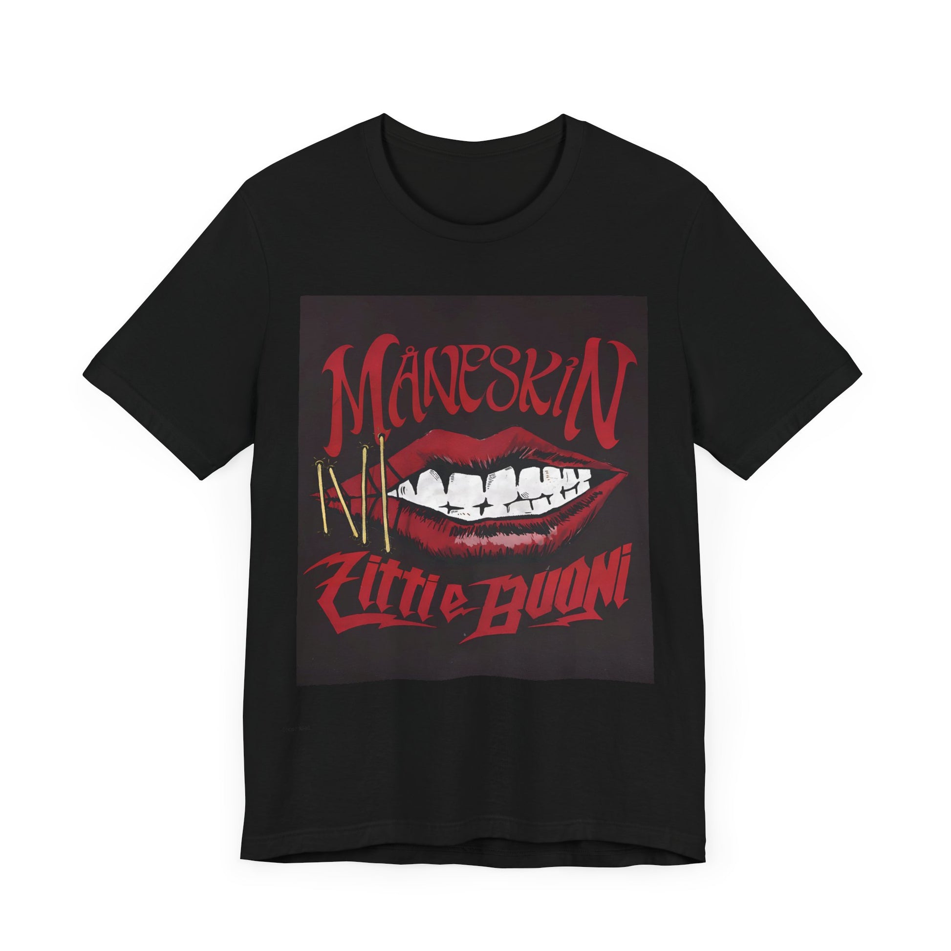 A black graphic t-shirt featuring a graphic related to Maneskin's song "Zitti E Buoni."