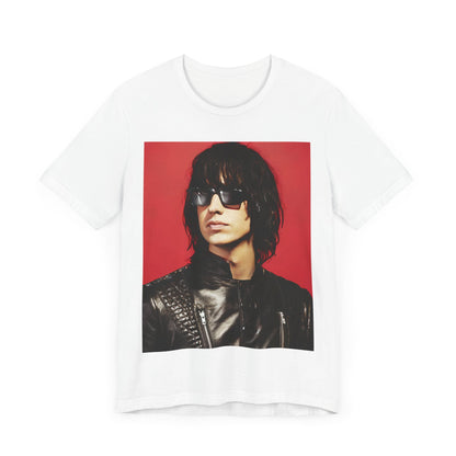 A black graphic t-shirt featuring a 2000s indie aesthetic graphic of Julian Casablancas from The Strokes.