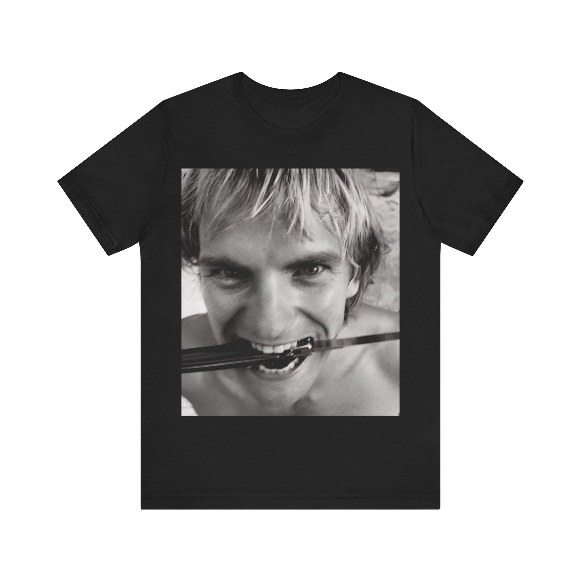 A black graphic t-shirt featuring a wild photo graphic of Sting.