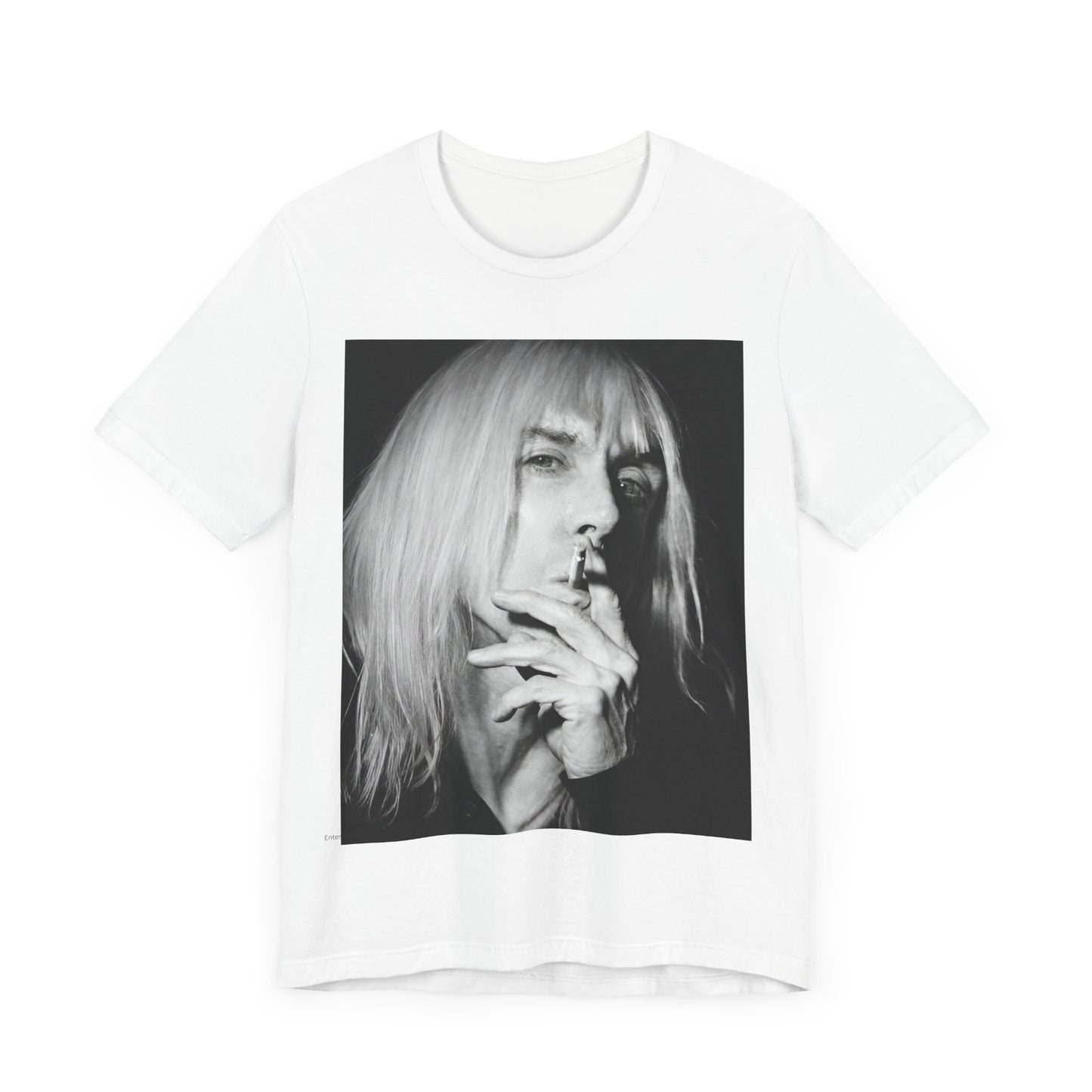 A black graphic t-shirt featuring a black and white graphic or photo of Iggy Pop holding a cigar.