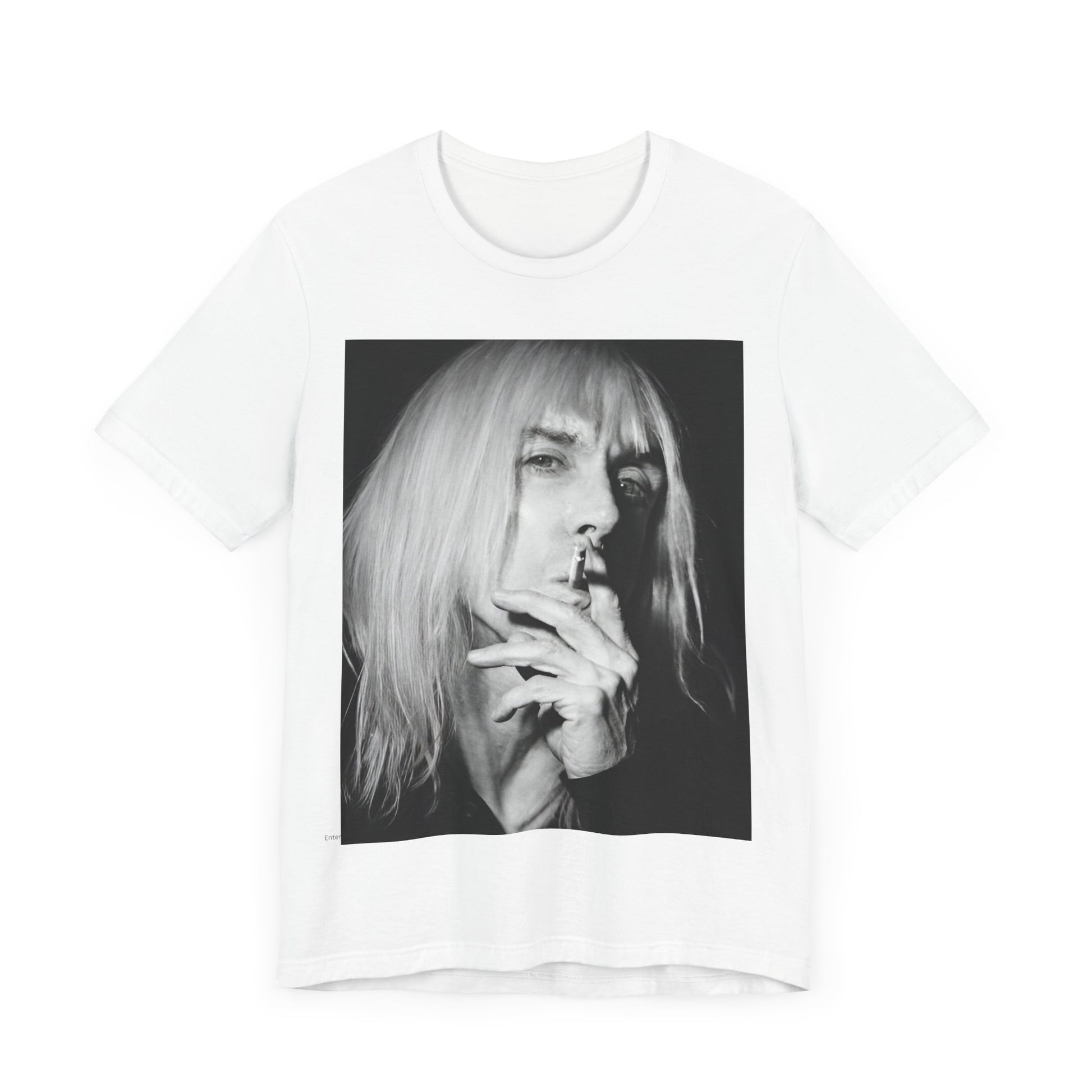 A black graphic t-shirt featuring a black and white graphic or photo of Iggy Pop holding a cigar.