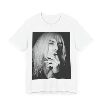 A black graphic t-shirt featuring a black and white graphic or photo of Iggy Pop holding a cigar.