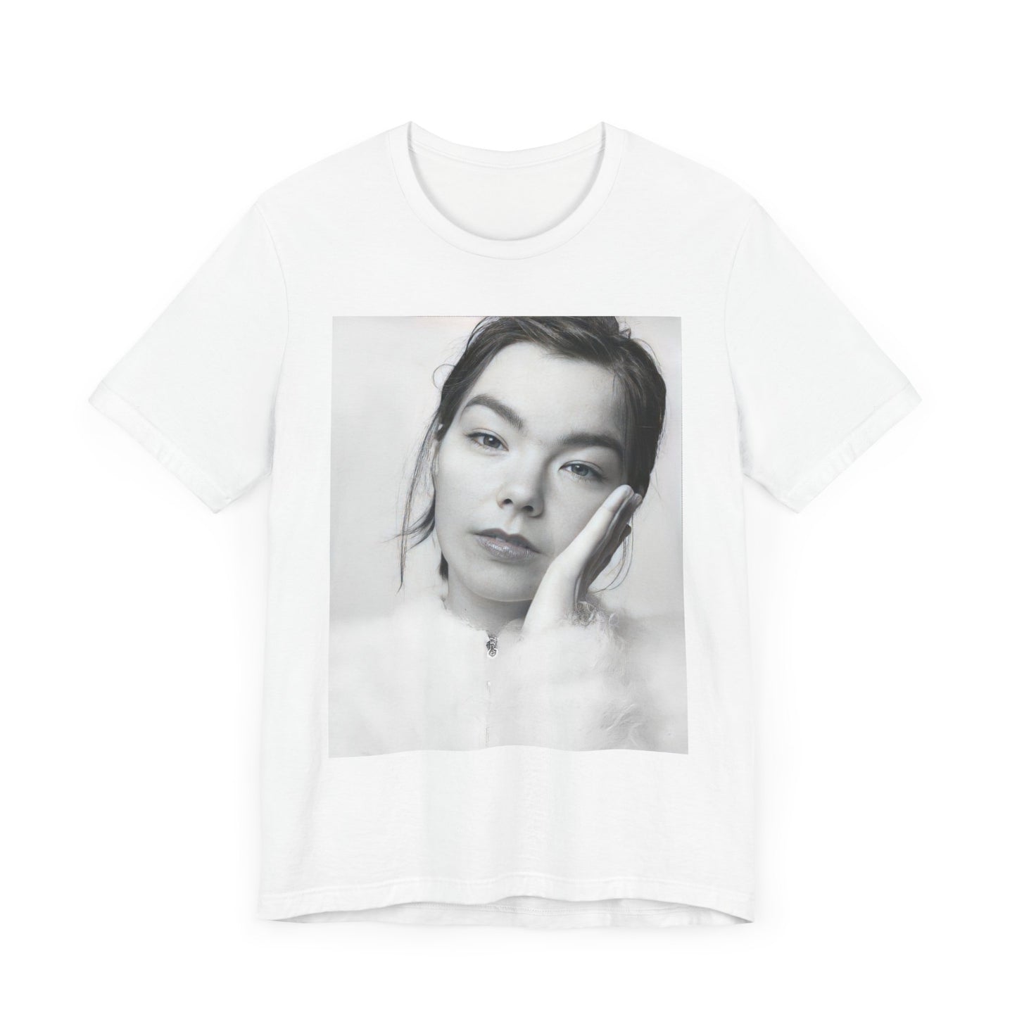 A black graphic t-shirt featuring a graphic related to Bjork's 'Post' album era, possibly with album art elements.