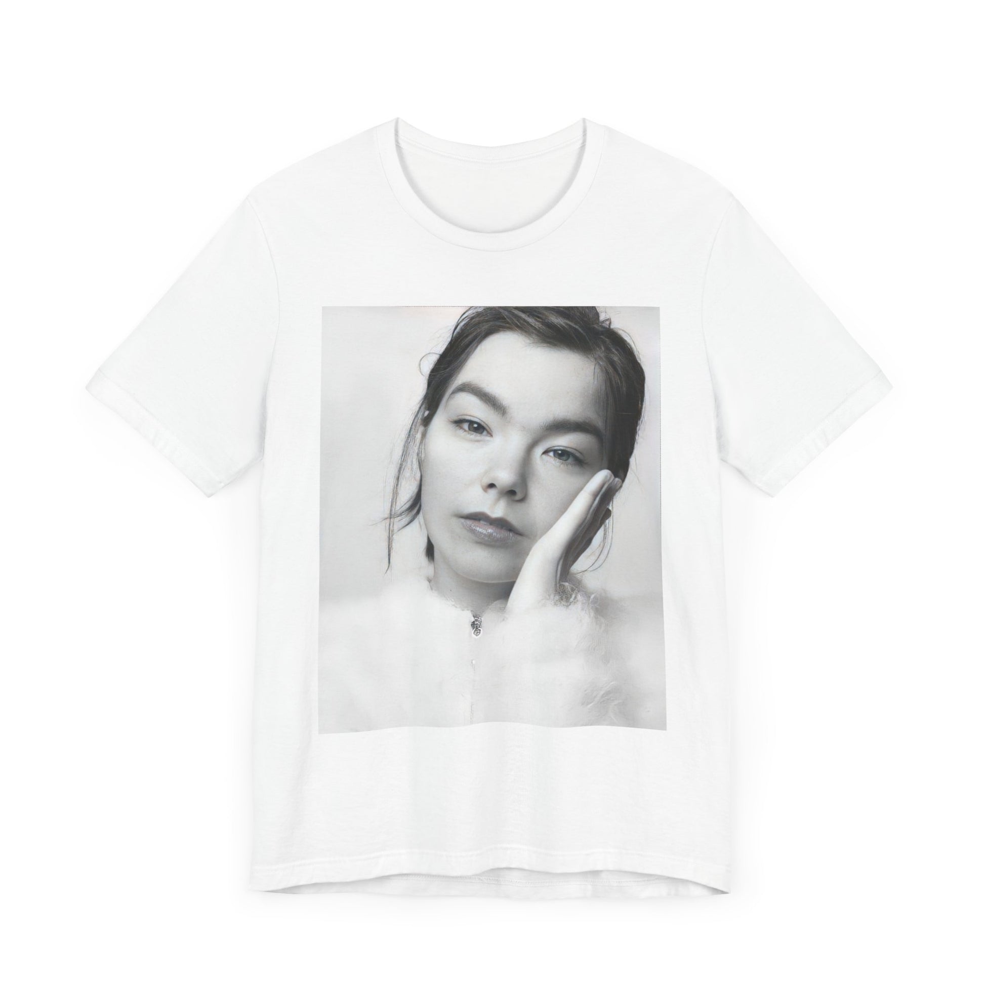 A black graphic t-shirt featuring a graphic related to Bjork's 'Post' album era, possibly with album art elements.