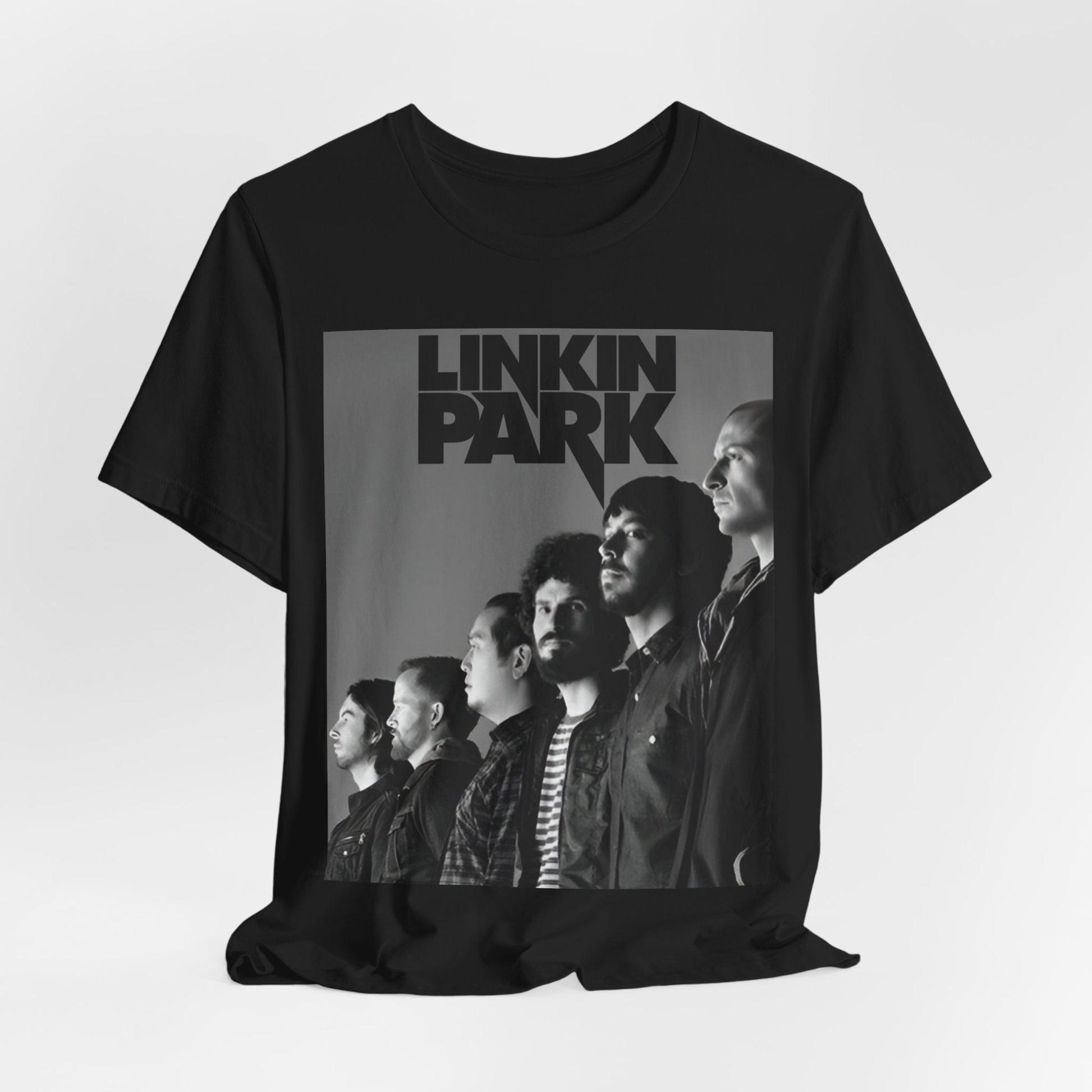 A black graphic t-shirt featuring a vintage nu-metal graphic of Linkin Park.