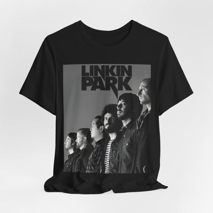 A black graphic t-shirt featuring a vintage nu-metal graphic of Linkin Park.