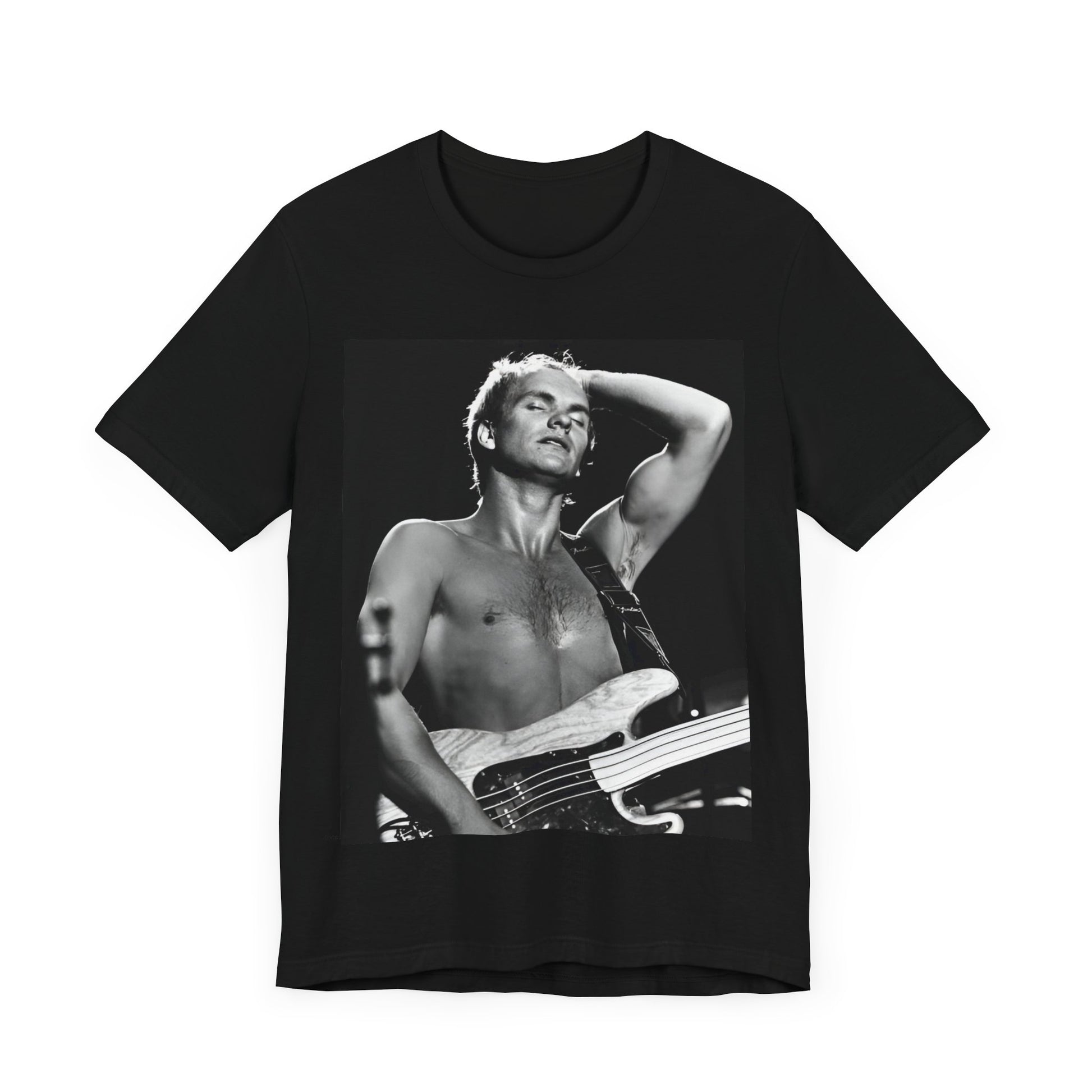 A black graphic t-shirt featuring a graphic or photo of Sting performing live on stage in 1983.