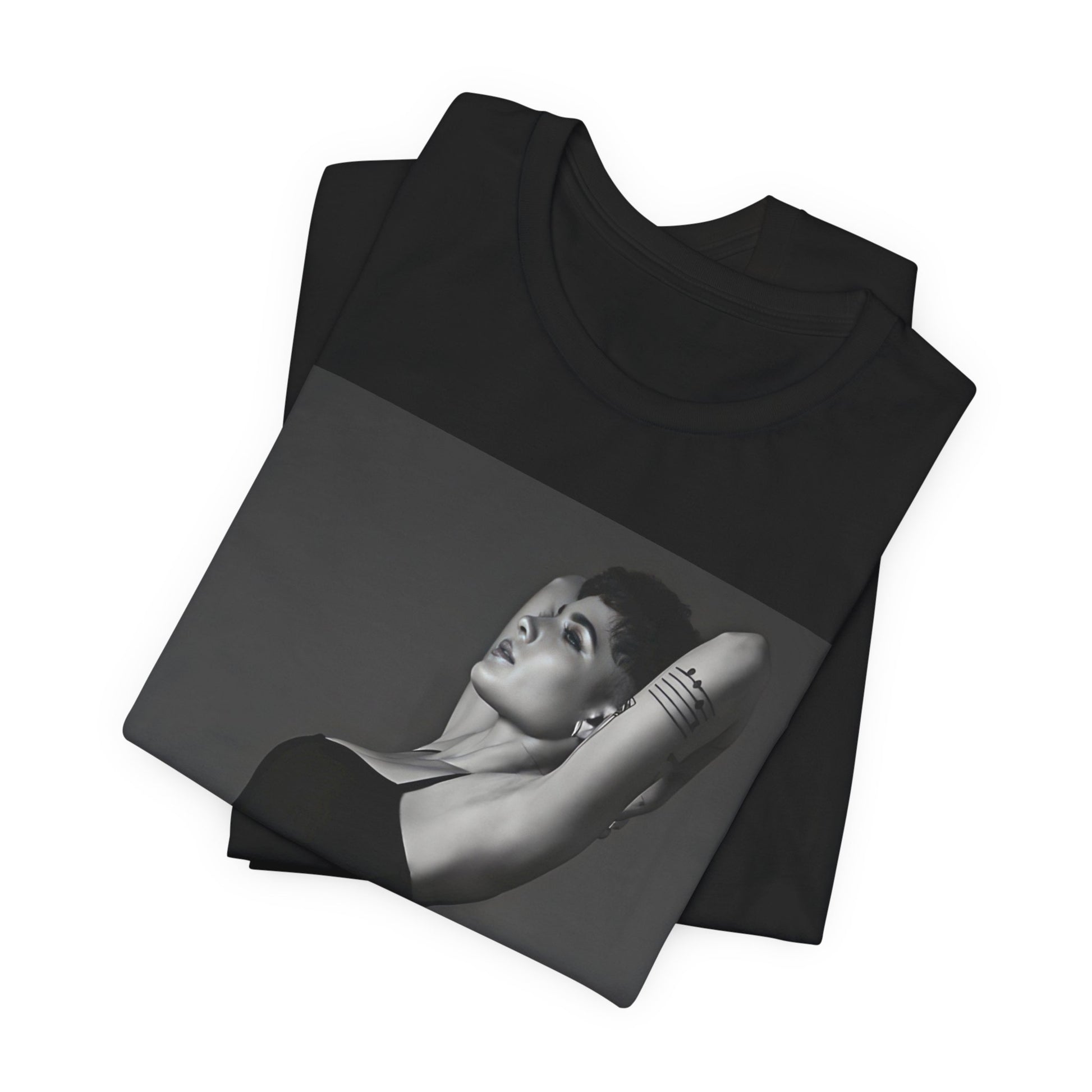 A black graphic t-shirt featuring a black and white, monochrome graphic or photo of Halsey.