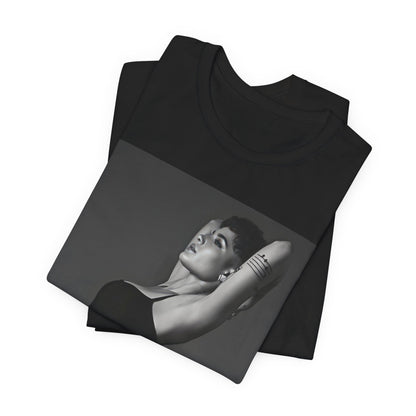 A black graphic t-shirt featuring a black and white, monochrome graphic or photo of Halsey.