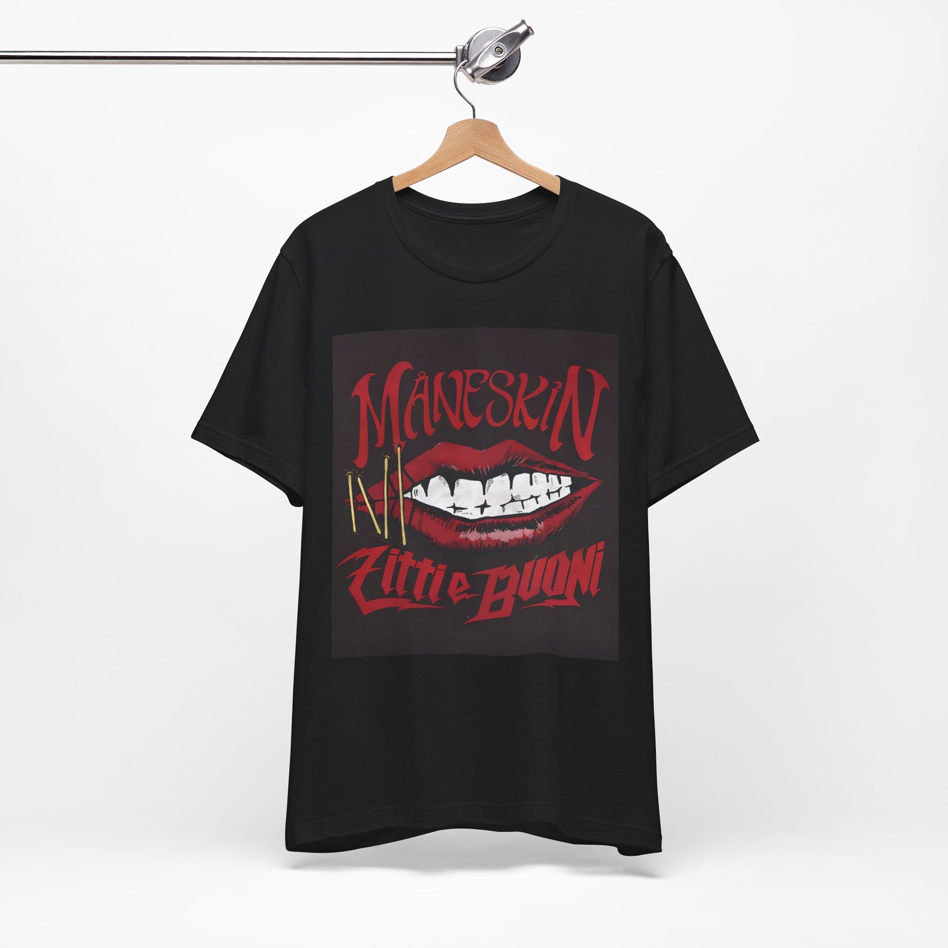 A black graphic t-shirt featuring a graphic related to Maneskin's song "Zitti E Buoni."