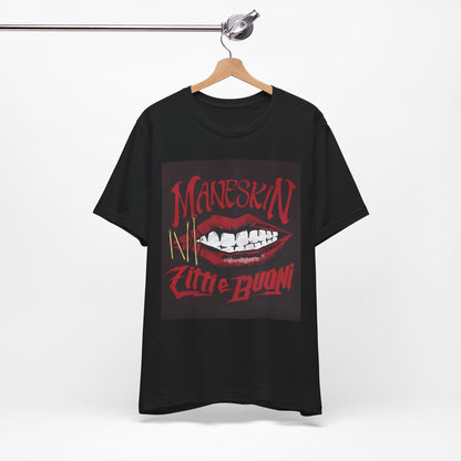 A black graphic t-shirt featuring a graphic related to Maneskin's song "Zitti E Buoni."