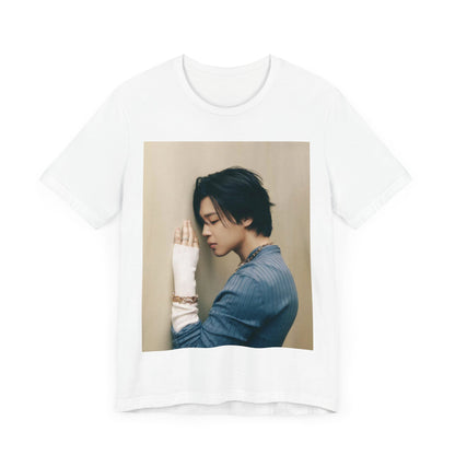 A black graphic t-shirt featuring a cool K-Pop idol essential graphic of Jimin.