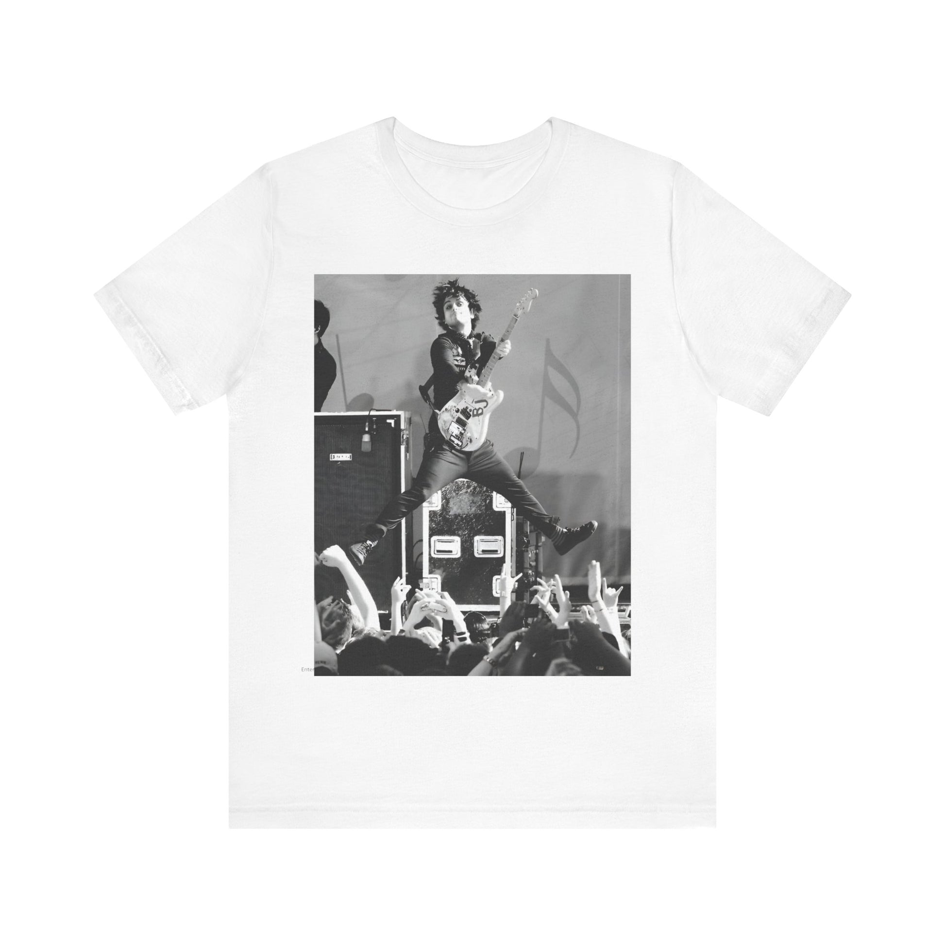 A black graphic t-shirt featuring a graphic of Billie Joe Armstrong from Green Day jumping on stage during a performance.