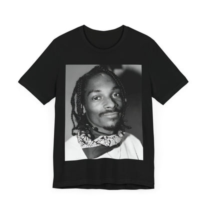 A black graphic t-shirt featuring a modern rap essential graphic of Snoop Dogg.