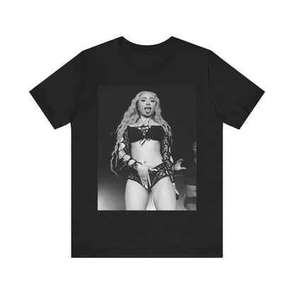 A black graphic t-shirt featuring a black and white graphic related to Ice Spice's song 'Deli', with a 'rap baddie' aesthetic.