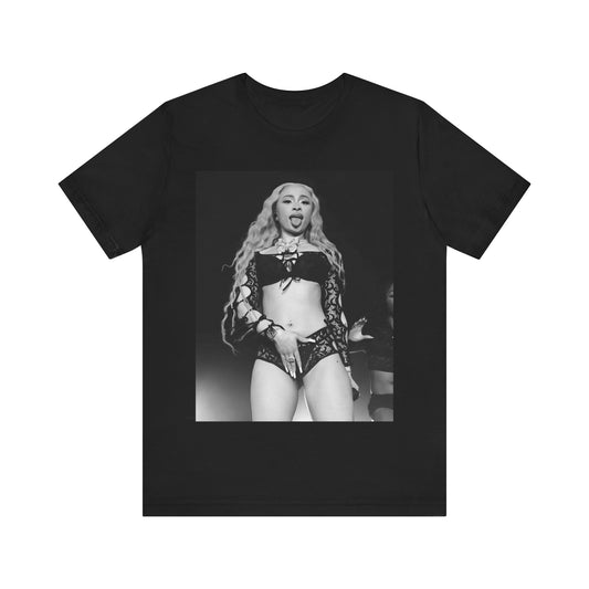 A black graphic t-shirt featuring a black and white graphic related to Ice Spice's song 'Deli', with a 'rap baddie' aesthetic.