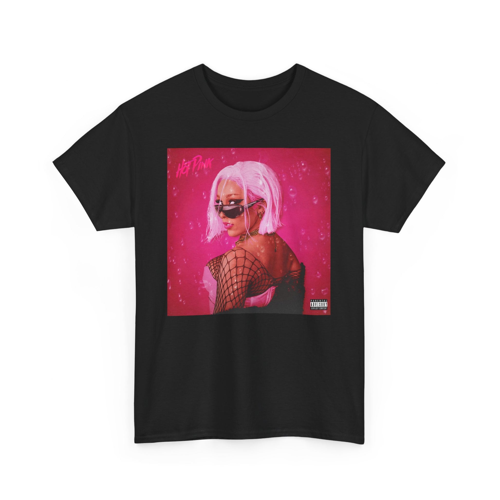A black graphic t-shirt featuring a graphic related to Doja Cat's "Hot Pink" album era.