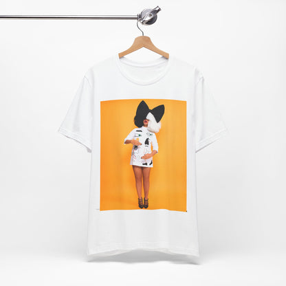 A black graphic t-shirt featuring a graphic of Sia as an art pop visionary.