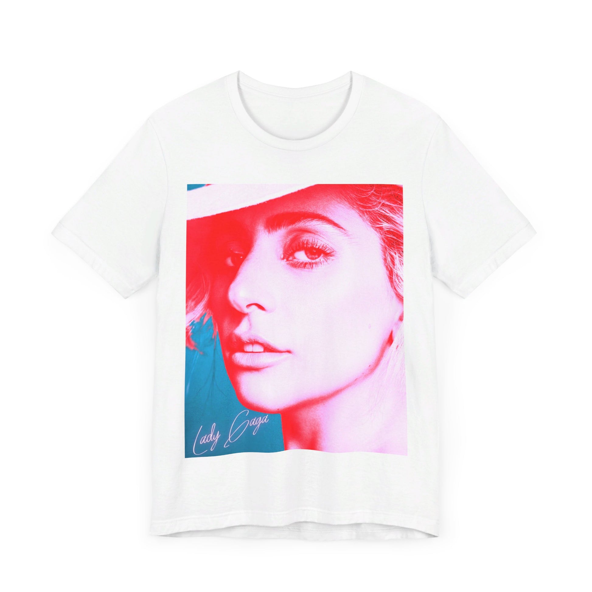 A black graphic t-shirt featuring a graphic related to Lady Gaga's 'Poker Face' song or era.