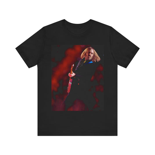 A black graphic t-shirt featuring a graphic or photo of Tom Petty as a powerhouse live performer.
