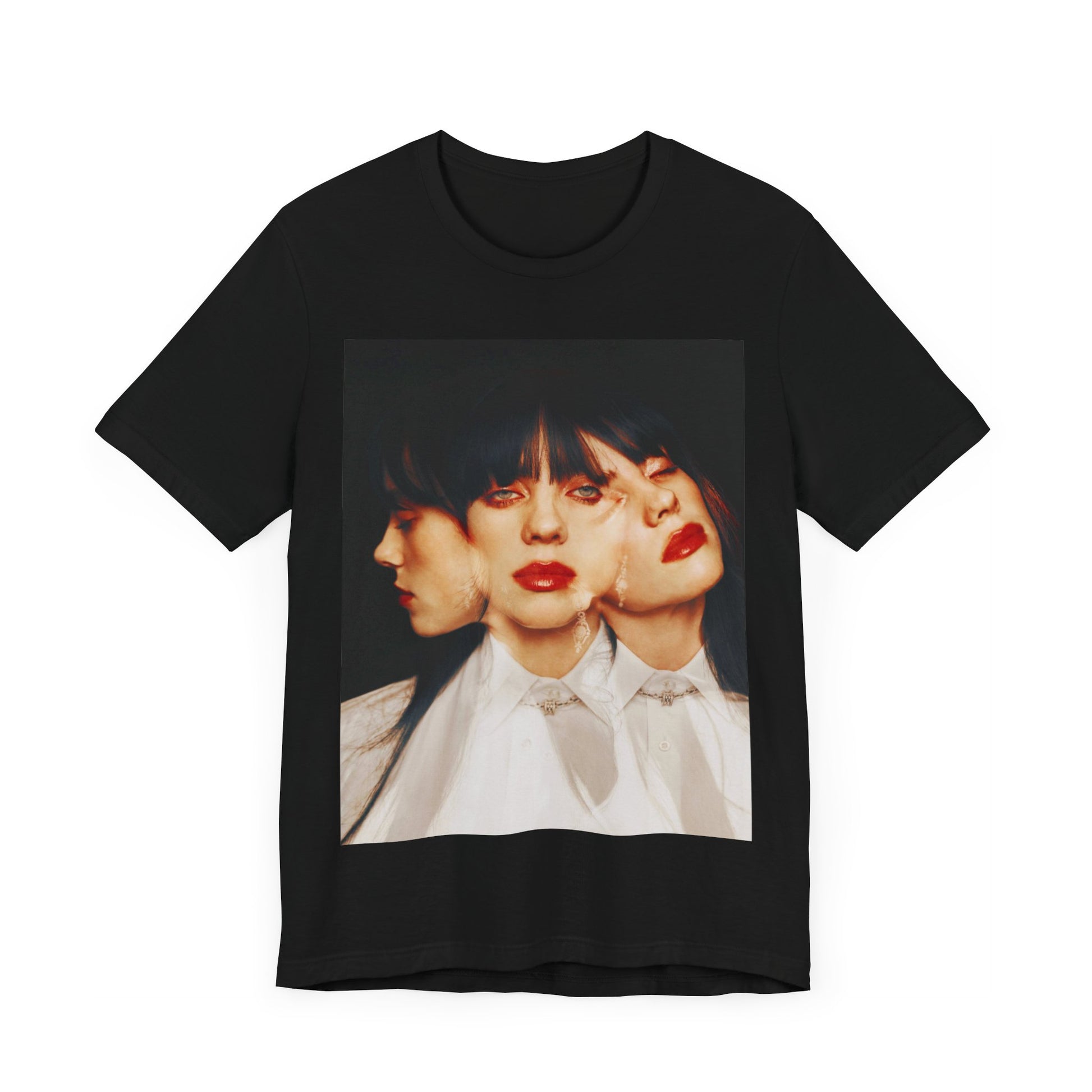 A classic, glamorous portrait of Billie Eilish as a pop star, with blonde hair and a confident gaze, printed on a t-shirt.