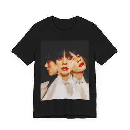 A classic, glamorous portrait of Billie Eilish as a pop star, with blonde hair and a confident gaze, printed on a t-shirt.