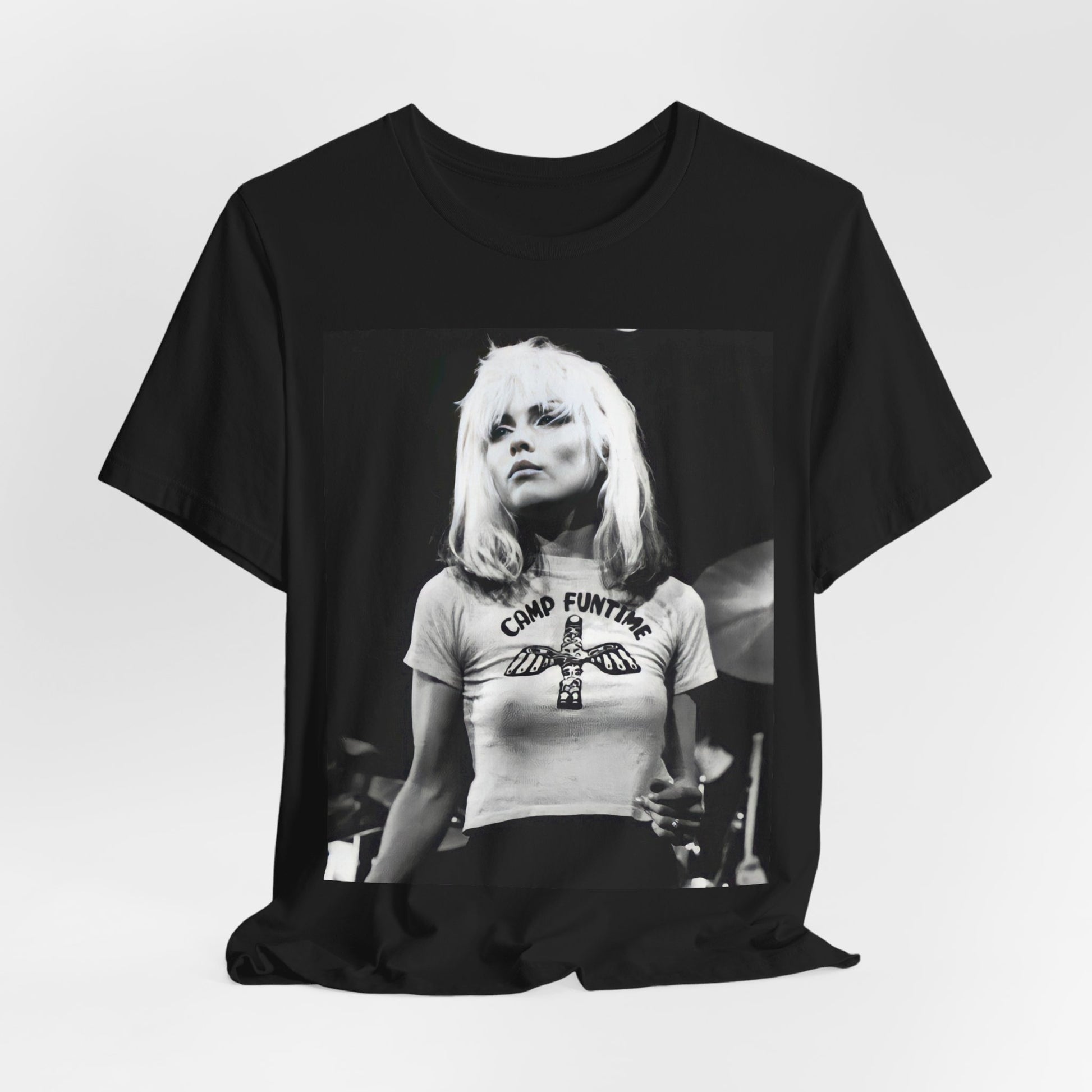 A black graphic t-shirt featuring a classic graphic or photo of Blondie performing live on stage.