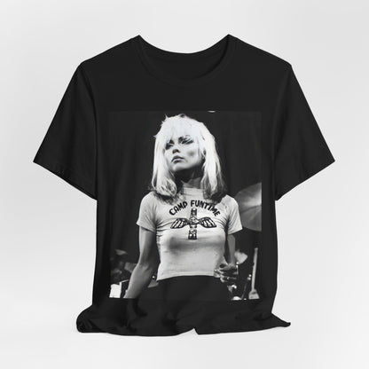 A black graphic t-shirt featuring a classic graphic or photo of Blondie performing live on stage.