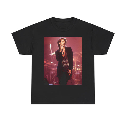 A black graphic t-shirt featuring a graphic related to INXS's 'Never Tear Us Apart' song or era from the 90s.