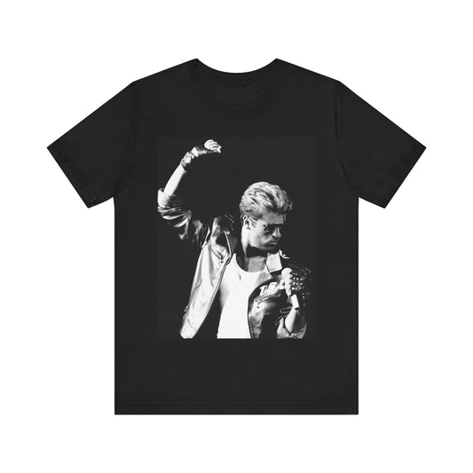 A black graphic t-shirt featuring a black and white photo of George Michael from his 'Faith' album era.