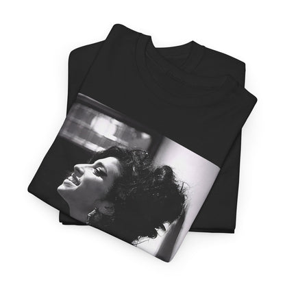 A black graphic t-shirt featuring a candid backstage photo of Amy Winehouse from her 'Back to Black' era, showing her in a relaxed setting.