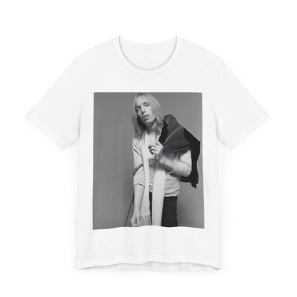A black graphic t-shirt featuring a modern rock essential graphic of Tom Petty.