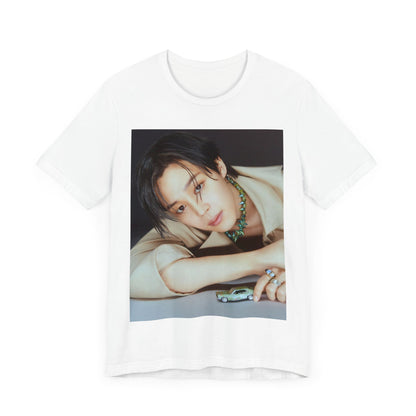 A black graphic t-shirt featuring a retro graphic related to Jimin's 'Filter' era.