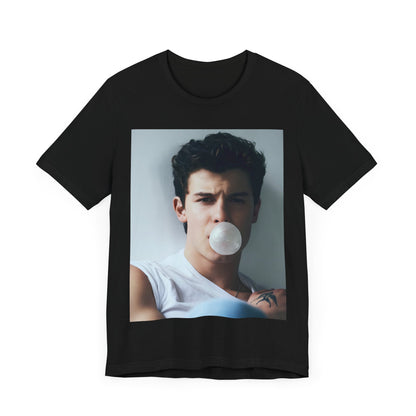 A black graphic t-shirt featuring a photo of Shawn Mendes with a fierce, confident gaze.