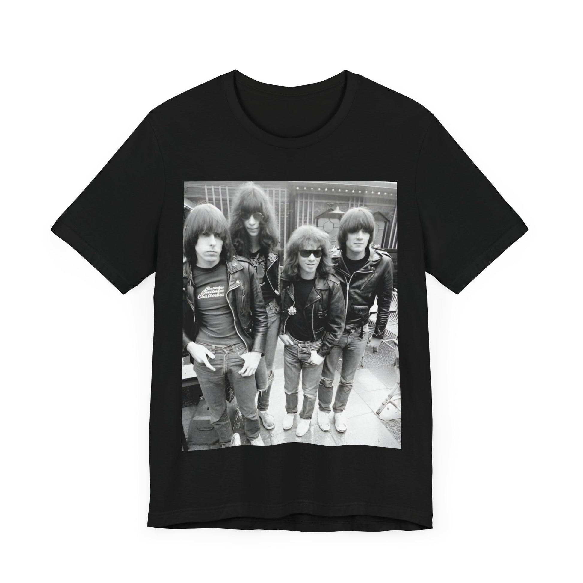 A black graphic t-shirt featuring a retro graphic related to Ramones' 'I Wanna Be Sedated' song or era.